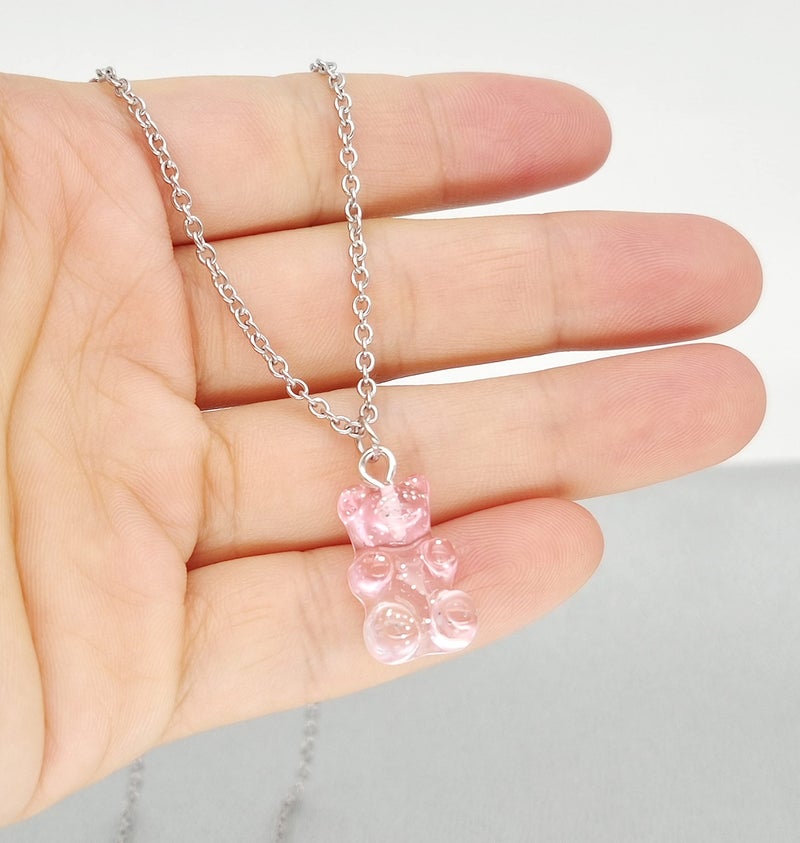 RUIZHEN Mix Multi-color Resin Gummy Bear Pendant Necklace Stainless Steel Chain(pink) - Image 2